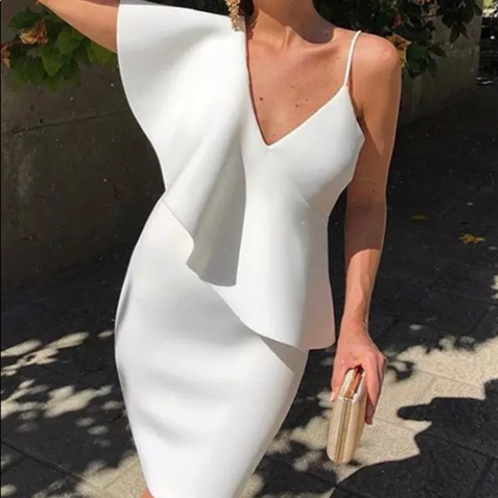 NWOT - Sexy Sling White V-neck  Dress, Elegant Ruffle Dress